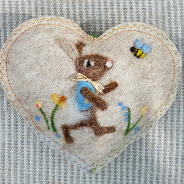Garden Bunny Heart decoration, needle felted rabbit design in the flowwer garden with bee , personalised with name.