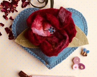 Needle felted Tudor Rose flower brooch on scented hanging heart  - gift