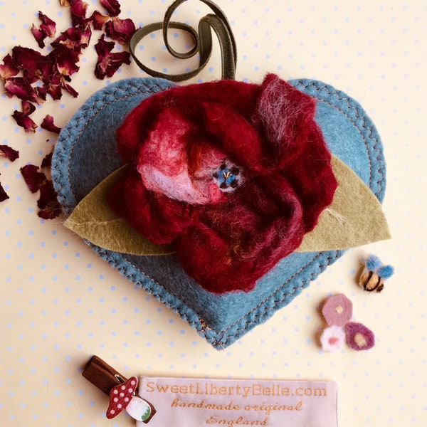 Needle felted Tudor Rose flower brooch on scented hanging heart  - gift