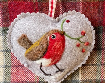 Felt Red Robin with berries Winter Spice scented heart, folk art  Holiday gift - needle felted Christmas hanging tree decoration.