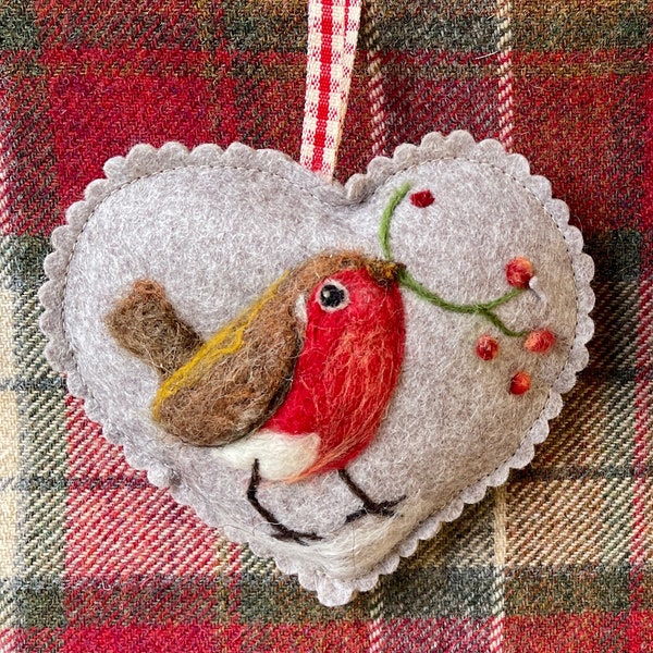 Felt Red Robin with berries Winter Spice scented heart, folk art  Holiday gift - needle felted Christmas hanging tree decoration.