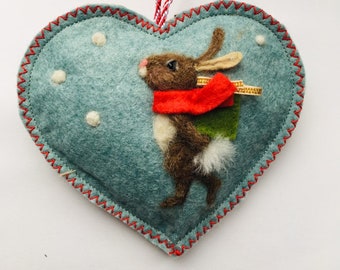 Personalised Heart hanging decoration, needle felted birthday bunny on a scented heart, personalised for Easter  Valentine  Birthday wishes