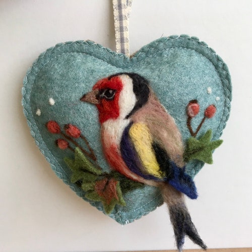 Gold Finch needle felted ornament, felt garden bird gift for a friend , can be personalised with name / words