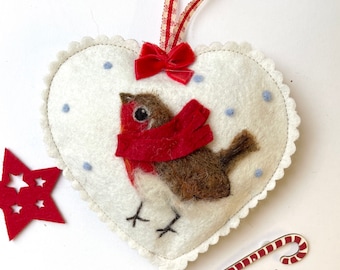 Felt Red Robin in a scarf winter spice scented heart, folk art  Holiday gift - needle felted Christmas hanging decoration, tree ornament