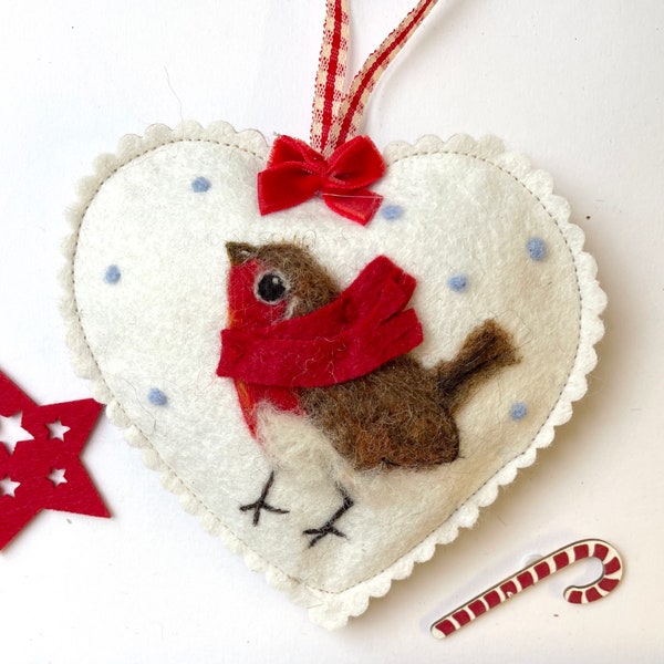 Felt Red Robin in a scarf winter spice scented heart, folk art  Holiday gift - needle felted Christmas hanging decoration, tree ornament