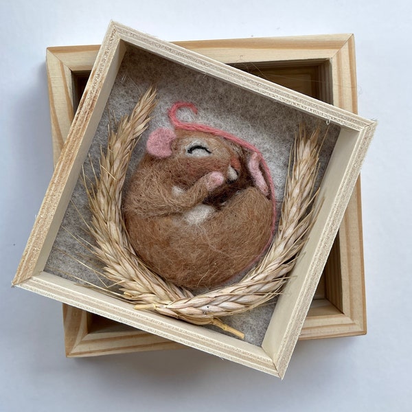 Sleeping mouse - needle felt mouse sculpture framed picture wool harvest mouse