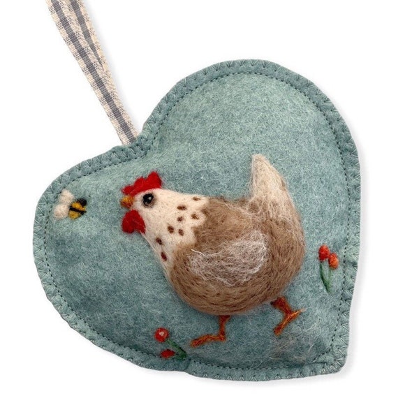 Felted  Hen lavender heart, Folk art handmade all year gift - needle felted Christmas hanging decoration, tree ornament