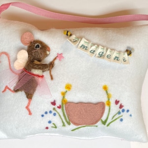 Mouse fairy - Girls customTooth fairy pillow with needle felted fairy mouse - personalized tooth fairy cushion.