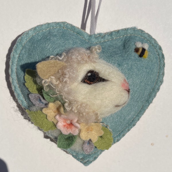 Wool Spring  Lamb with felt flower garland - handmade heart can be personalised