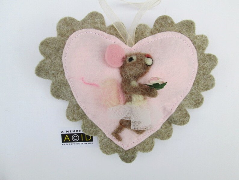 Needle Felted Mouse Lavender Heart With a Pink Rose - Etsy