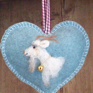 Heart shaped hanging ornament, needle felted goat with goatee tree hanging decorations, personalised with notlet pocket,