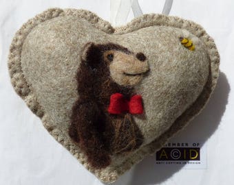 Felted brown bear with a bow tie taling to his friend 'Bee', Personalised felt Heart hanging decoration, needle felted teddy - scented heart