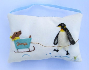 Tooth Fairy pillow, personalized boys tooth pillow. Personalised   Tooth cushion. Needle felted penguin. Tooth pouch with name. Tooth cushio