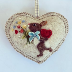 Handmade felt Heart - bunny rabbit with heart and felt flowers. Can be customised with name and dates.