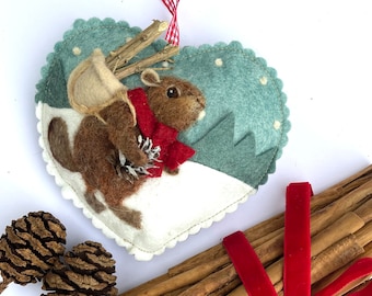 Beaver Holiday decoration - wool hanging heart with 3d felt beaver collecting wood