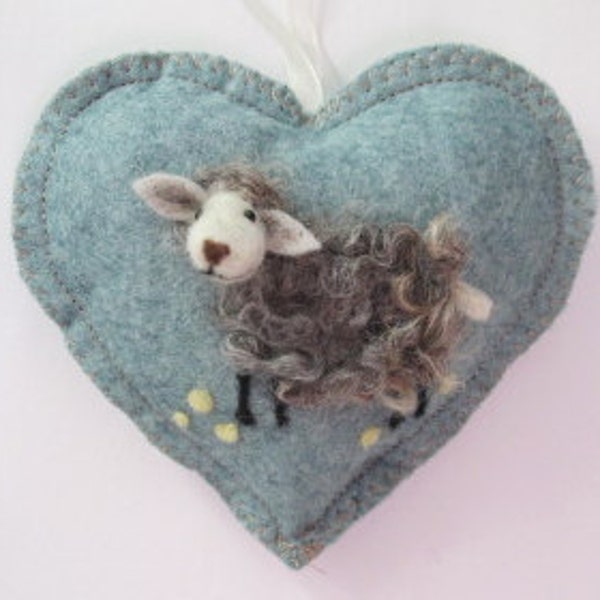 Baaa, needle felted grey lamb Easter tree hanging decorations, woolly sheep heart ornament for Spring, personalised and with notlet pocket,