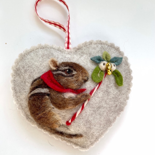 Felted  Chipmunk winter spice scented heart, Folk art hanging Holiday gift - needle felted Christmas hanging decoration, tree ornament
