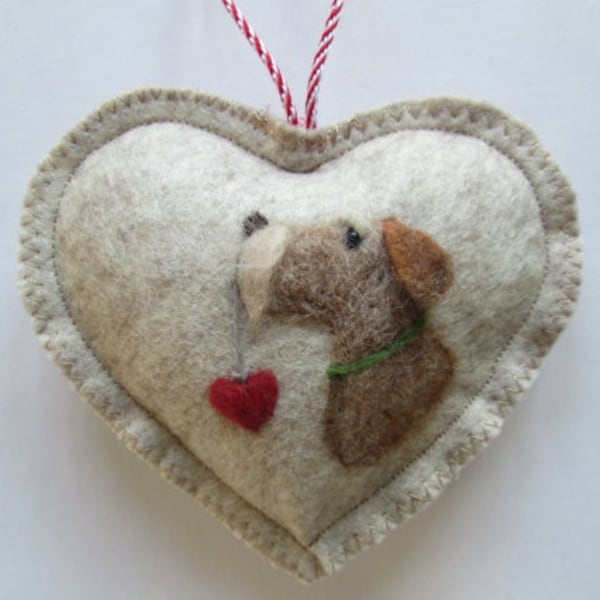 Felted Dog Heart , needle felted puppy on a heart ready to surprise with a heart, personalised with name