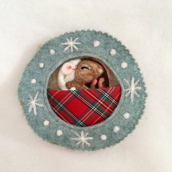 Sleeping Christmas mouse - needle felt sculpture with hanging ribbon, scented with lavender or rose petals - personalised