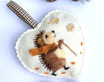 Hedgehog in Fall  - wool hanging heart with 3d hedgehog