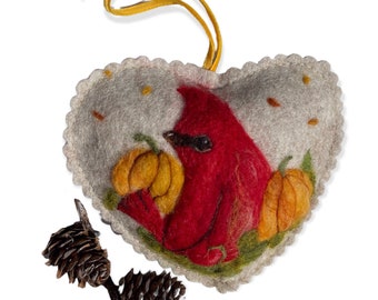 Red Cardinal hiding in the pumpkin patch- needle felted gift all ready for the holiday season
