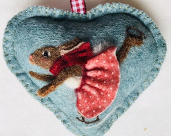 Decorative felt heart, Christmas decoration, Skating girl rabbit in polks in tutu needle felted  scented heart decoration