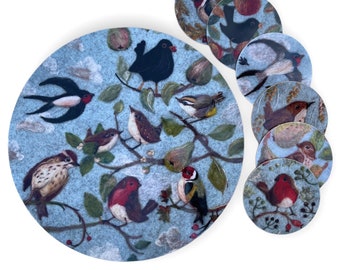 Garden Birds Tableware coasters made of durable melamine which are printed designs of original felted artwork