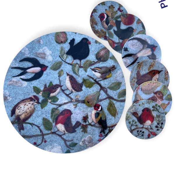 Garden Birds Tableware coasters made of durable melamine which are printed designs of original felted artwork