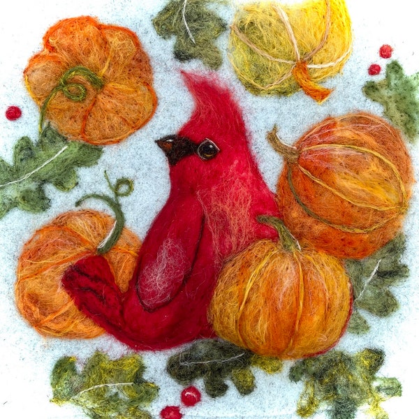 Red Cardinal in the pumpkin patch Christmas/ Thanksgiving card from an original needle felted painting