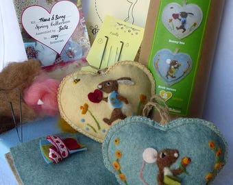 Spring Bunny and flower mouse Needle felt heart kit, All you need to make Two needle felt heart ornaments- felting kit Sweet Liberty Belle