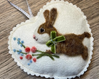 Flower Bunny decorative felt heart - handmade Easter tree ornament