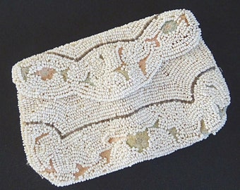 Vintage 1930s Purse Bag Ladies White Beaded Embroidered Floral Beadwork Clutch D/L