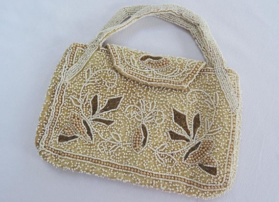 Vintage 1930s Purse Bag Ladies White Bronze Beade… - image 1