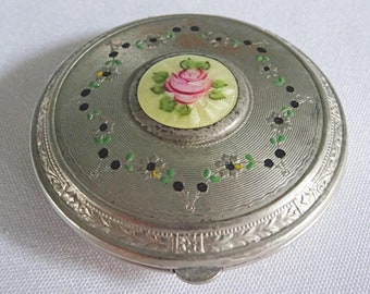 Vintage Powder Compact 1920s Ladies Silver Plated Pink Rose Floral Enamel Plaque D/L