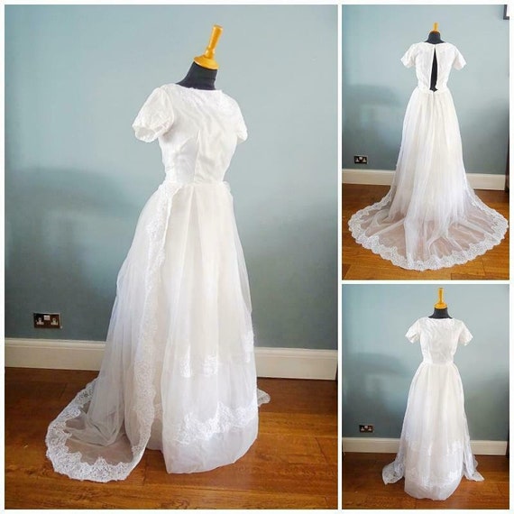 Vintage Wedding Dress Gown 1950s White Net Lace Full … Gem