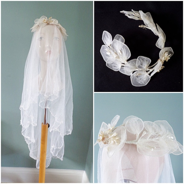 Vintage Wedding Veil Headdress Wax Blossom Flowers 1950s Bride Crown Tiara 50s D/L