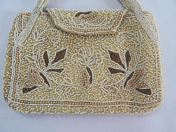 Vintage 1930s Purse Bag Ladies White Bronze Beade… - image 2