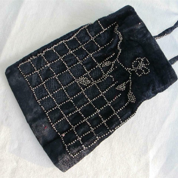 Antique Beadwork Bag Purse Reticule Victorian Navy Blue Velvet Cut Steel Ladies D/L c1880