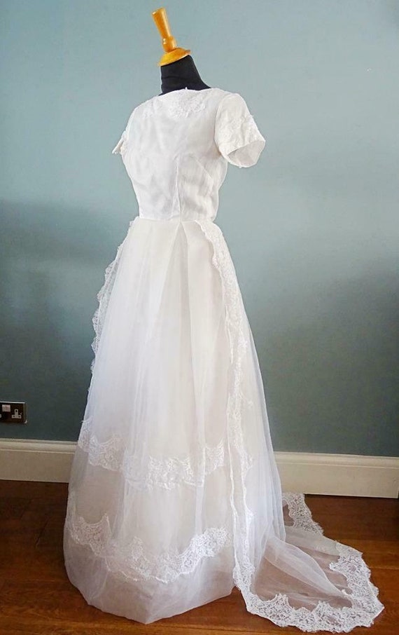 Vintage Wedding Dress Gown 1950s White Net Lace Full … Gem