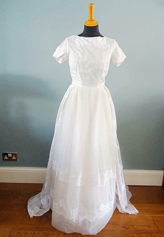 Vintage Wedding Dress Gown 1950s White Net Lace Full … Gem