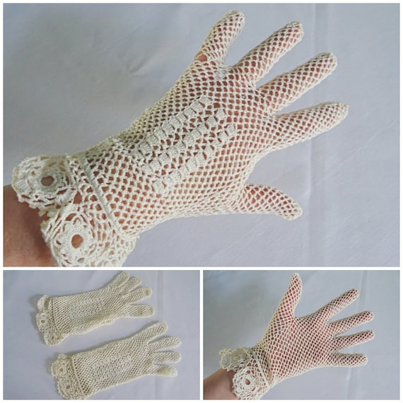 Vintage Crochet Gloves 1930s Ladies Beige Lace Da… - image 1