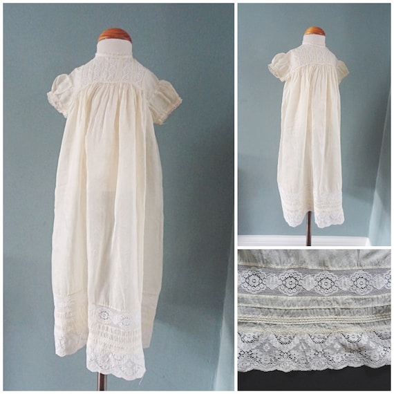 Antique Babys Dress Edwardian Girls Ivory Silk Em… - image 1