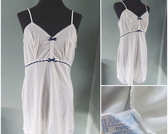 Vintage Full Slip Petticoat 1960s St Michael Ivory  Nylon Lace Blue Ribbon Ladies 36" Bust 60s D/L