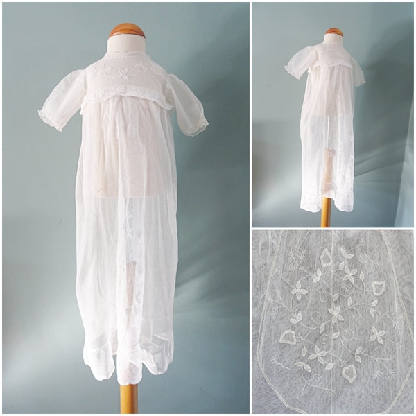 Antique Christening Gown Dress Edwardian Babys White Floral Tambour Lace Net D/L