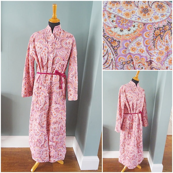 Vintage 1960s Dressing Gown Quilted House Coat Pink Paisley Nylon Ladies 60s D/L
