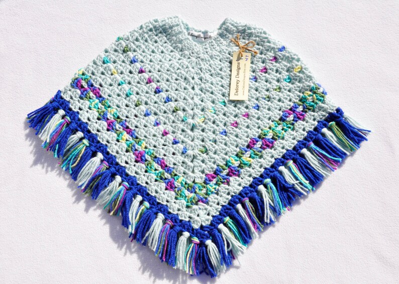 Ready to Ship Blue Size 4T Gift Tassels, Girls Poncho Birthday Green Present Multi-Colored, Soft Aqua Toddler Crochet
