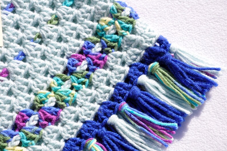 Ready to Ship Blue Size 4T Gift Tassels, Girls Poncho Birthday Green Present Multi-Colored, Soft Aqua Toddler Crochet