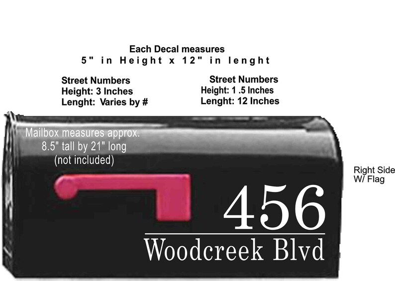 May include: Black mailbox with a red flag and handle. The mailbox displays the address "456 Woodcreek Blvd" in white lettering. Text on the image indicates decal measurements and street number sizes.