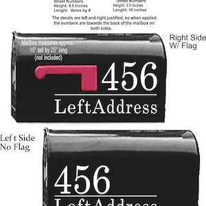 May include: Black mailbox decals with white numbers and the text "Left Address." The decals are available in two sizes: 8" x 16" and street numbers with heights of 4.5 inches and 2.5 inches. The decals are left and right justified.
