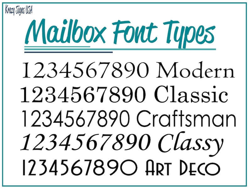 May include: A white sign with the text "Mailbox Font Types" in teal script. Below, five different font styles are displayed with the numbers 1234567890 in each style: Modern, Classic, Craftsman, Classy, and ART DECO.